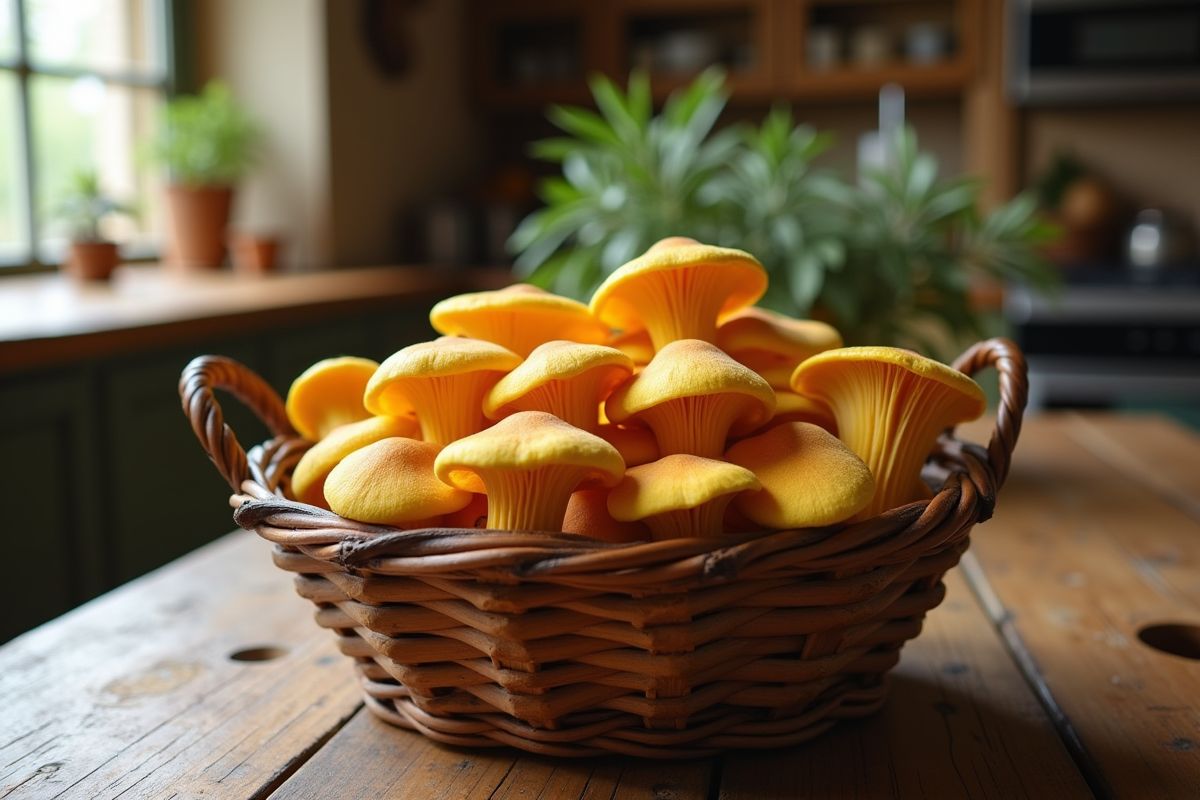 Panier en bois rempli de chanterelles fraîches sur une table de cuisine