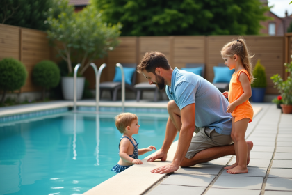 Père vérifiant la barrière de sécurité piscine extérieure