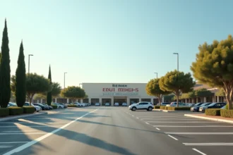 Parking spacieux devant un magasin de meubles en zone commerciale à Aubagne avec des places bien délimitées