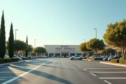 Parking spacieux devant un magasin de meubles en zone commerciale à Aubagne avec des places bien délimitées