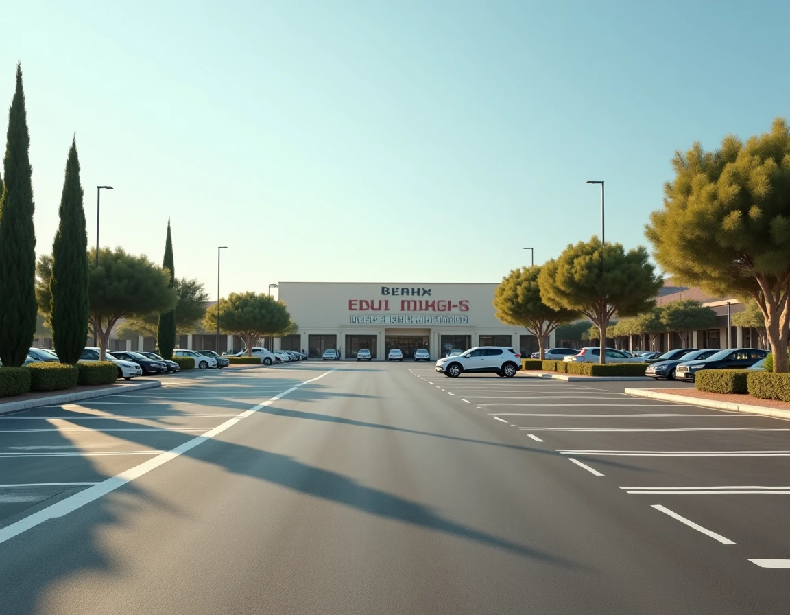 Parking spacieux devant un magasin de meubles en zone commerciale à Aubagne avec des places bien délimitées