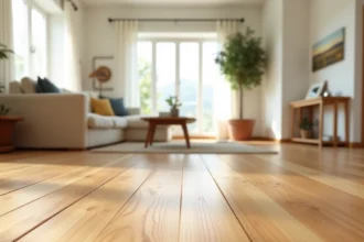 Parquet massif en pin huilé dans un salon contemporain avec canapé en lin et table basse bois
