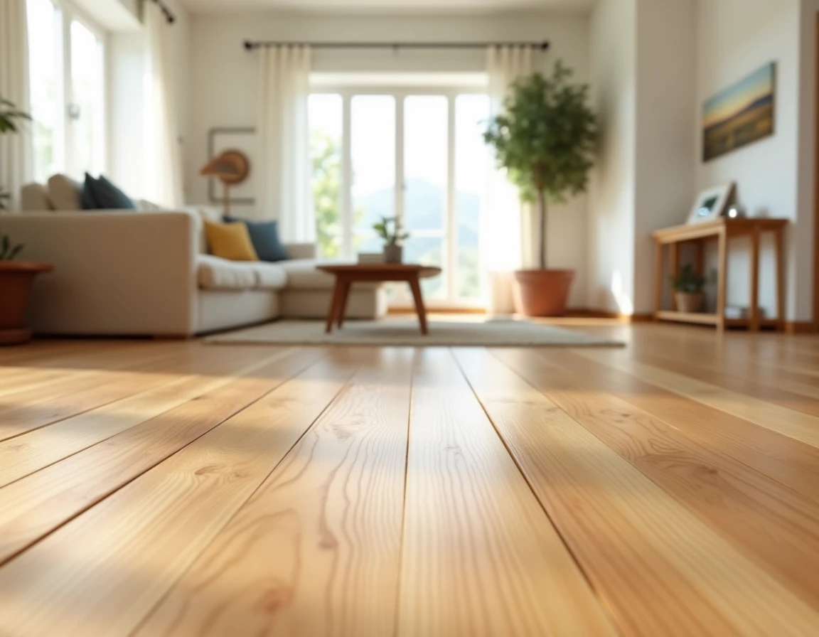Parquet massif en pin huilé dans un salon contemporain avec canapé en lin et table basse bois