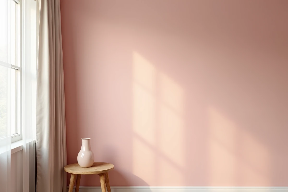 Mur peint en rose mat dans un salon moderne avec table en bois et vase céramique