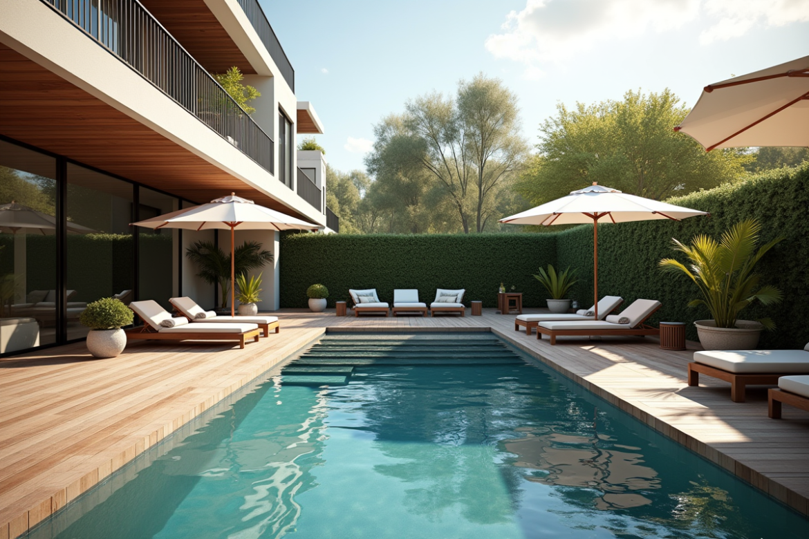 Piscine moderne dans un jardin avec terrasse en bois et mobilier cosy
