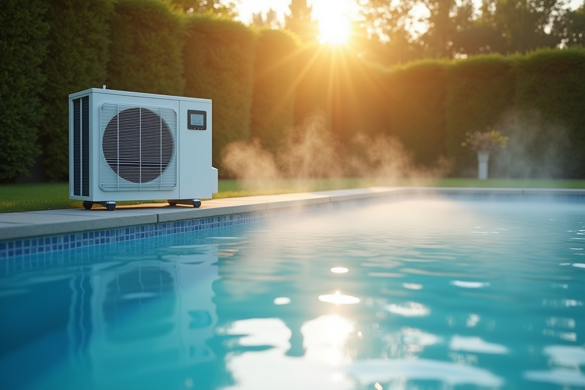 Piscine extérieure au matin avec pompe à chaleur et vapeur