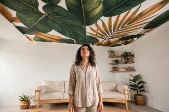 Salon moderne avec plafond en toile tendue imprimée motif botanique, femme admirant la décoration personnalisée
