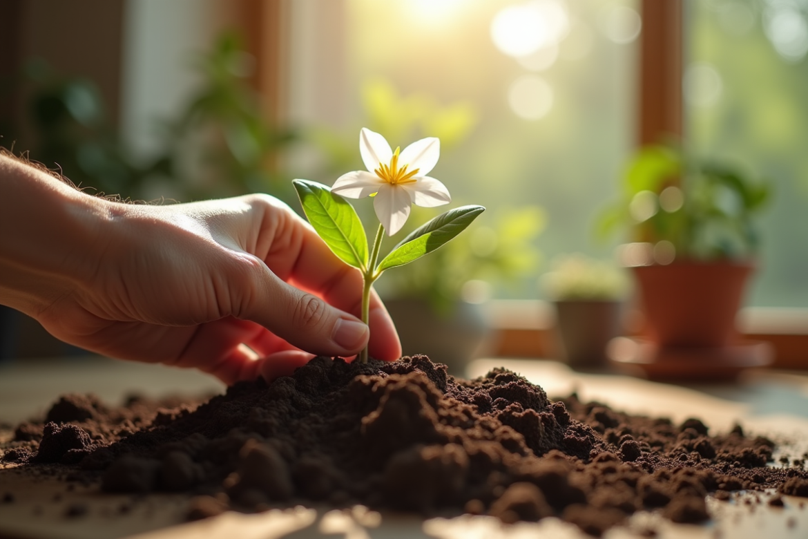 Main plantant une jasmine dans un pot en intérieur lumineux