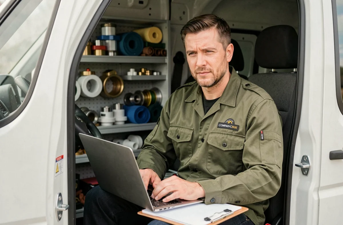 Plombier artisan saisissant un devis sur ordinateur portable depuis son véhicule utilitaire de travail