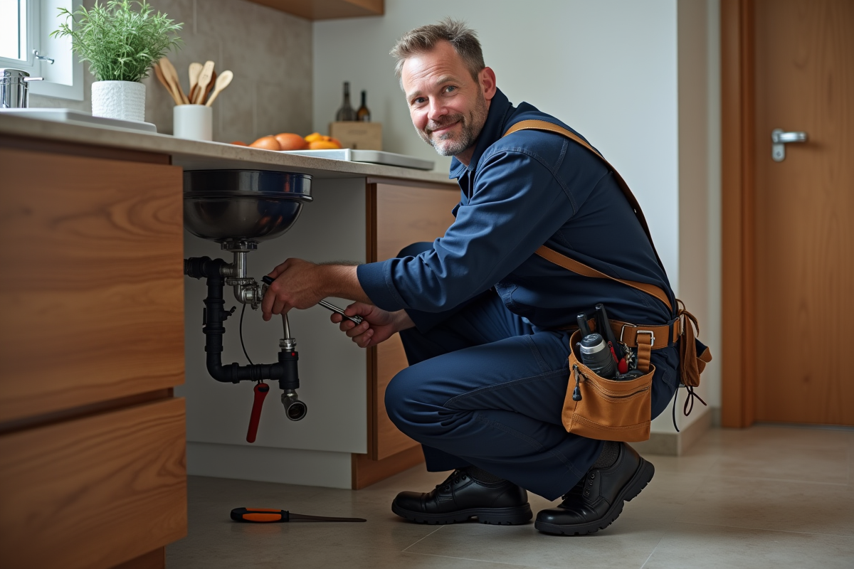 Plombier professionnel en action sous un évier moderne