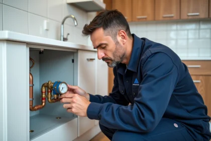 Plombier professionnel inspectant un sous-compteur d'eau dans un meuble technique de cuisine