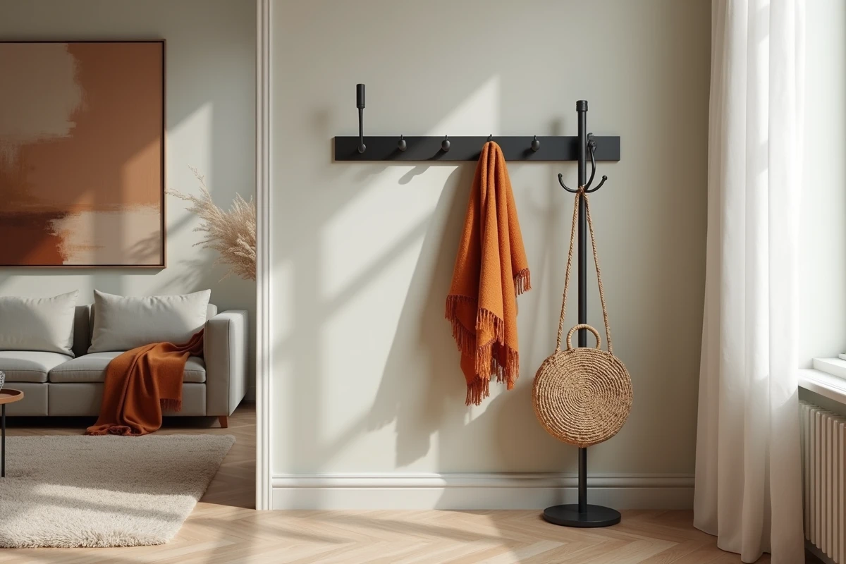 Porte-manteau mural en métal gris anthracite intégré dans un salon scandinave avec plaid en laine et parquet en bouleau clair
