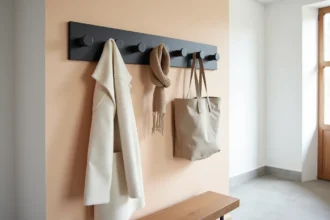 Porte-manteau mural en métal noir mat dans une entrée scandinave minimaliste avec banc en chêne et mur blanc texturé