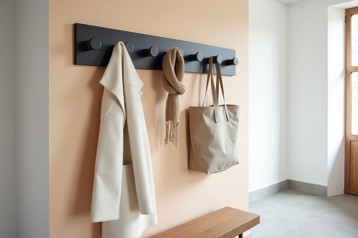 Porte-manteau mural en métal noir mat dans une entrée scandinave minimaliste avec banc en chêne et mur blanc texturé