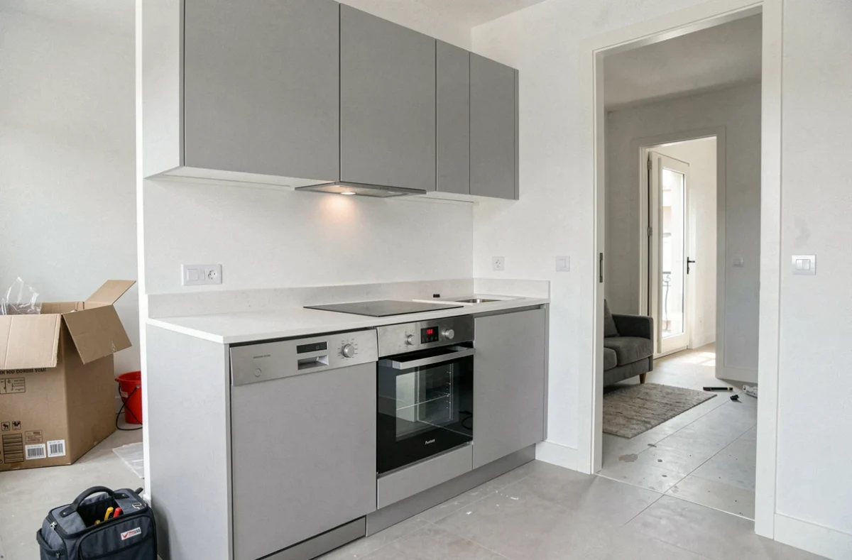 Pose de cuisine Pose Concept Marseille avec façades grises matte, plans en quartz et électroménager intégré dans un appartement