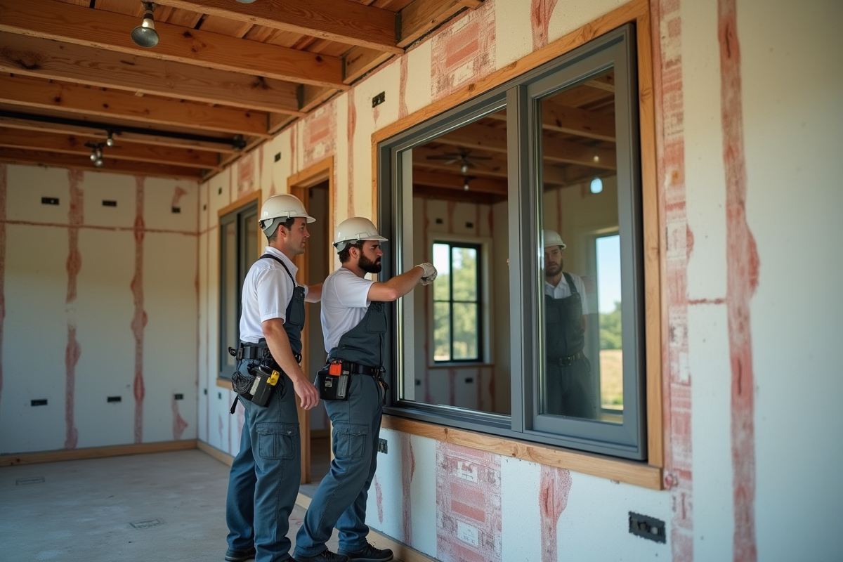 Installateurs posant une grande fenêtre dans une maison en construction