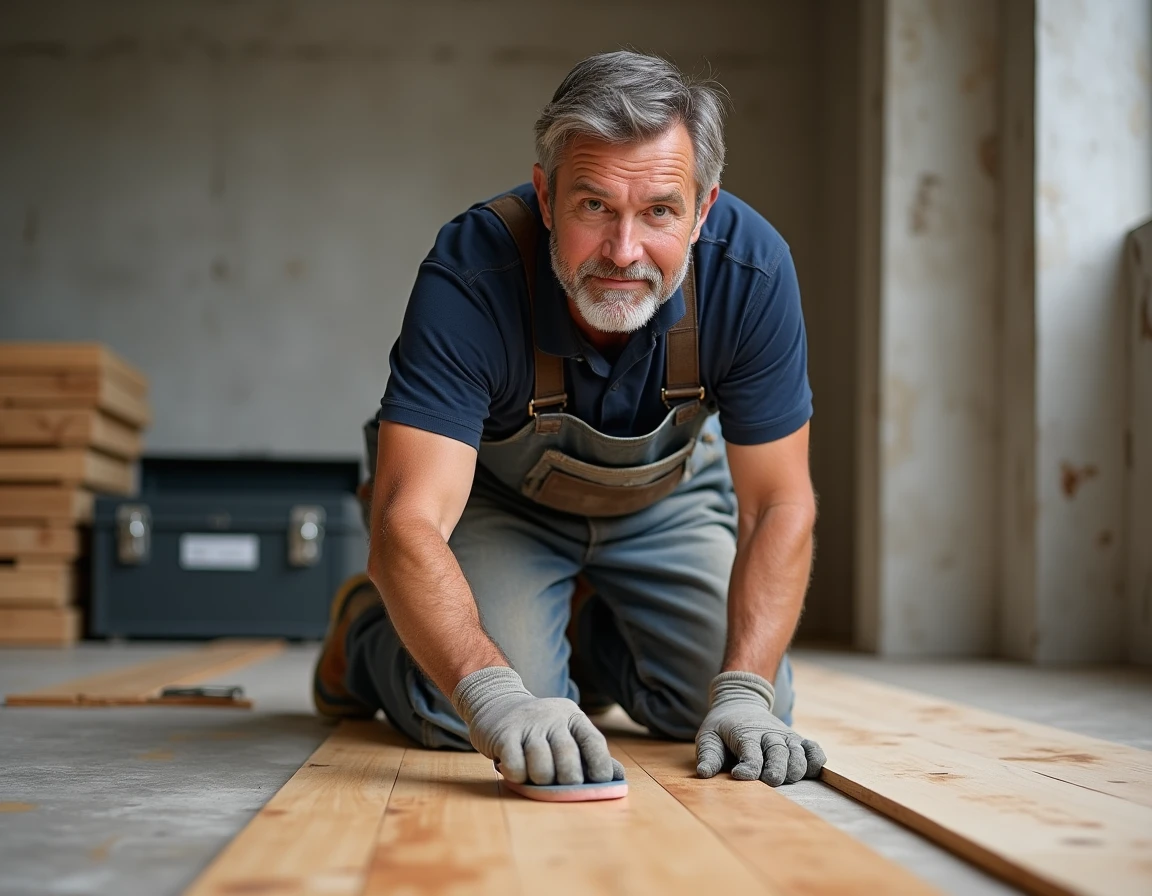 Poseur de parquet massif en pin appliquant une huile de finition sur des lames dans un chantier de rénovation