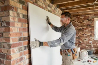 Ouvrier posant un panneau de placo isolant thermique contre un mur en brique lors de travaux de rénovation intérieure