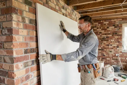 Ouvrier posant un panneau de placo isolant thermique contre un mur en brique lors de travaux de rénovation intérieure