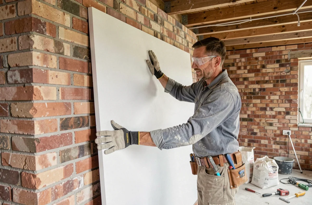 Ouvrier posant un panneau de placo isolant thermique contre un mur en brique lors de travaux de rénovation intérieure