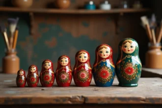 Ensemble de six poupées russes matriochkas traditionnelles alignées sur une table en bois, peintes à la main avec des motifs floraux colorés dans un atelier artisanal