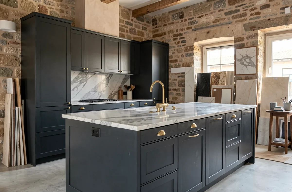 Cuisine sur mesure Prado52 Marseille avec façades laquées anthracite, îlot en marbre Calacatta et robinetterie laiton