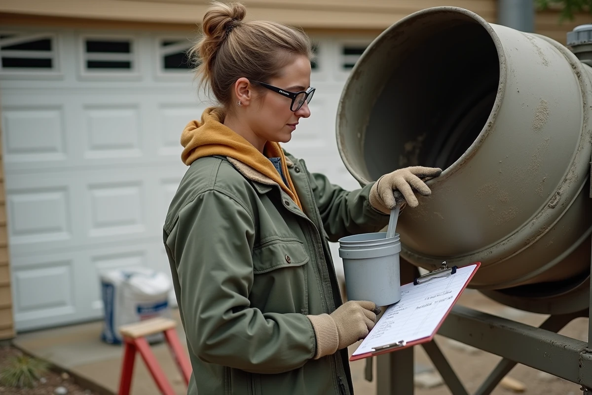 Femme mélangeant du béton dans une bétonnière de location pour couler une dalle, avec notes de calcul sur un clipboard