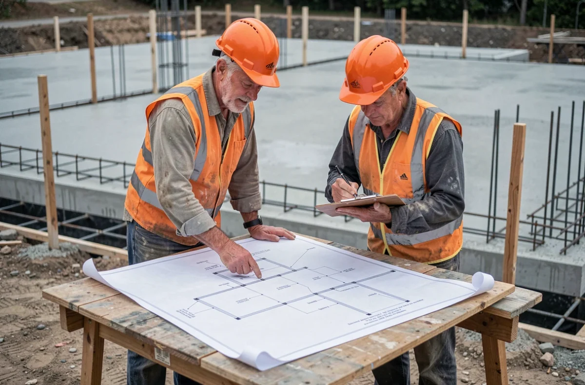 Deux professionnels du bâtiment examinant les plans d'une dalle béton sur un chantier, illustrant la complexité des paramètres influençant le prix