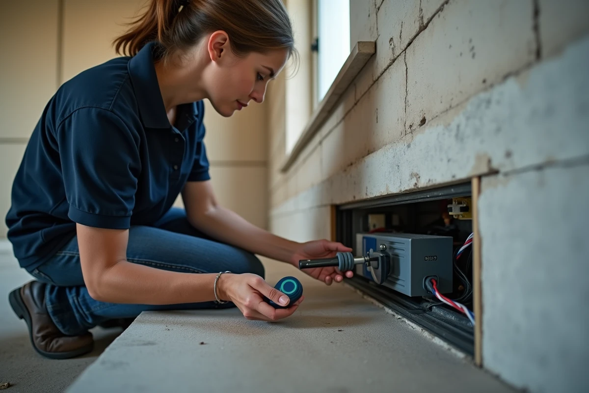 Technicienne en train de programmer un moteur tubulaire Somfy RTS depuis la télécommande Telis lors d'une installation