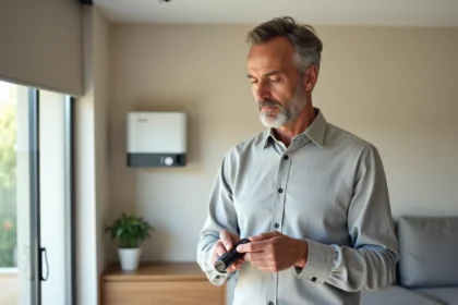 Homme programmant une télécommande Somfy RTS sur un moteur de volet roulant intérieur