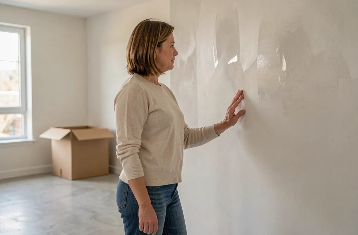 Propriétaire inspectant la surface lisse d'un mur en placo isolant thermique dans un salon fraîchement rénové