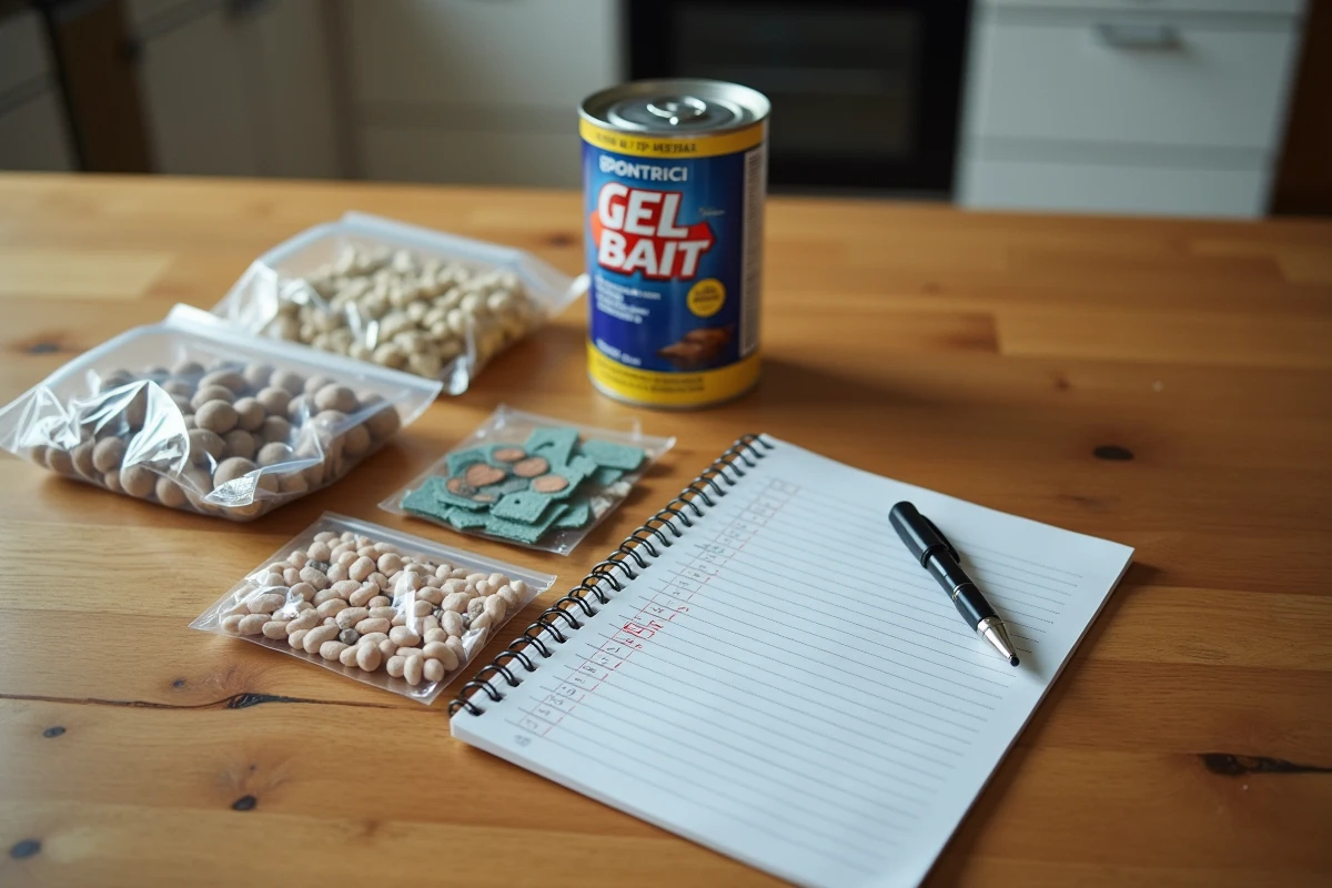 Préparation d'un protocole de désinfection contre les cafards : pièges collants, gel anti-blattes, aliments protégés et checklist sur une table