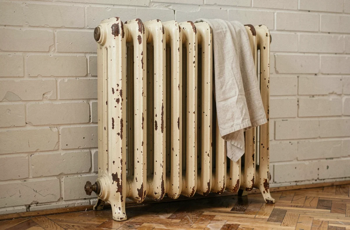 Radiateur en fonte d'occasion avec patine ancienne posé contre un mur en briques blanches dans un appartement rénové