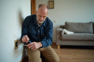 Homme remplaçant une ancienne prise TV murale avec un tournevis dans un salon