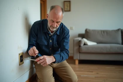 Homme remplaçant une ancienne prise TV murale avec un tournevis dans un salon
