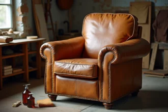 Fauteuil en cuir aniline terni et marqué posé dans un atelier de restauration avec des outils de rénovation cuir