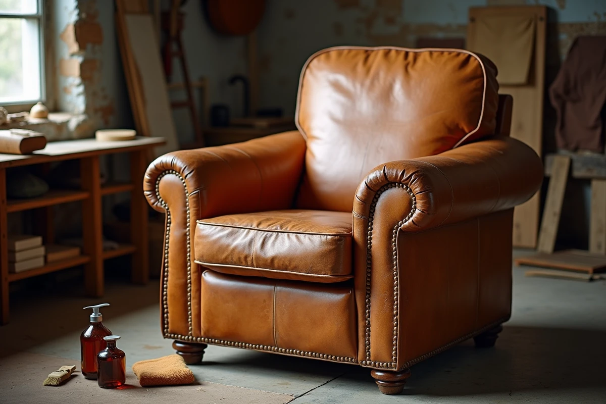 Fauteuil en cuir aniline terni et marqué posé dans un atelier de restauration avec des outils de rénovation cuir