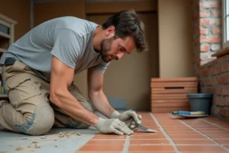 Artisan amateur posant des carreaux en terre cuite dans une cuisine en cours de rénovation DIY