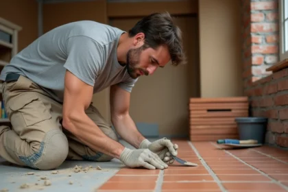 Artisan amateur posant des carreaux en terre cuite dans une cuisine en cours de rénovation DIY
