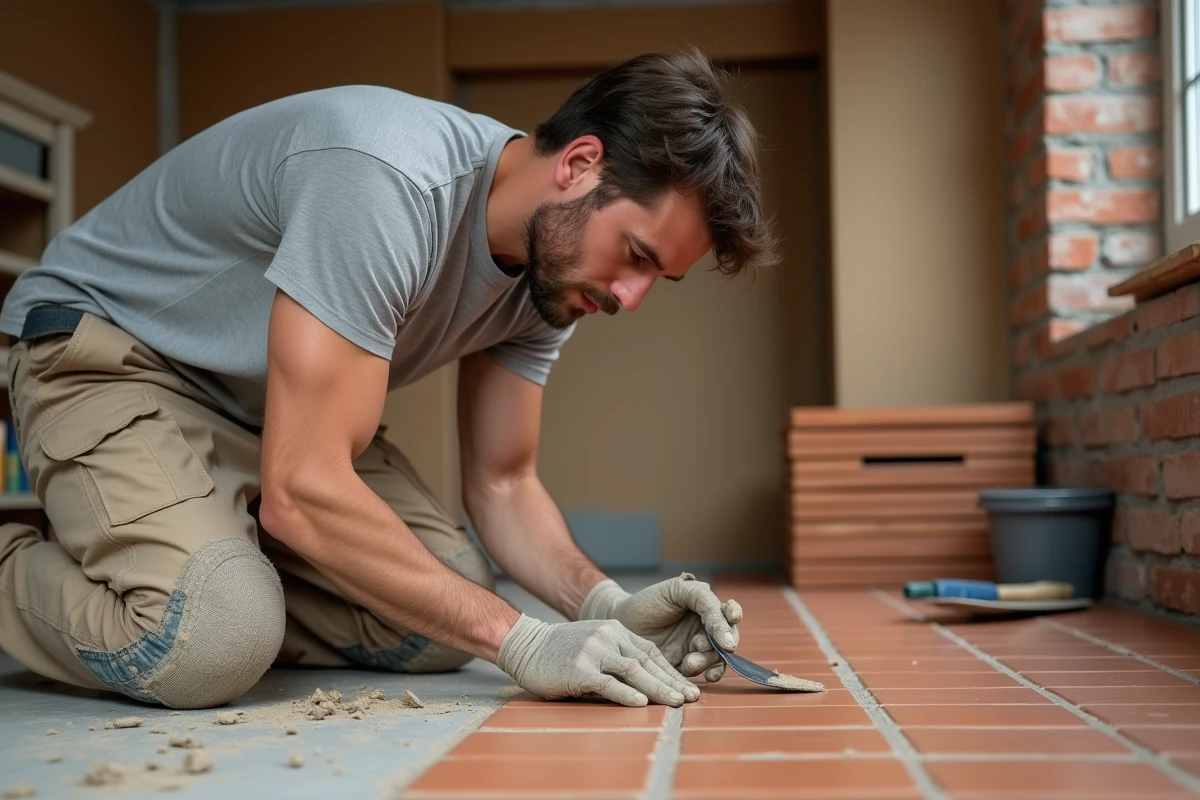 Artisan amateur posant des carreaux en terre cuite dans une cuisine en cours de rénovation DIY
