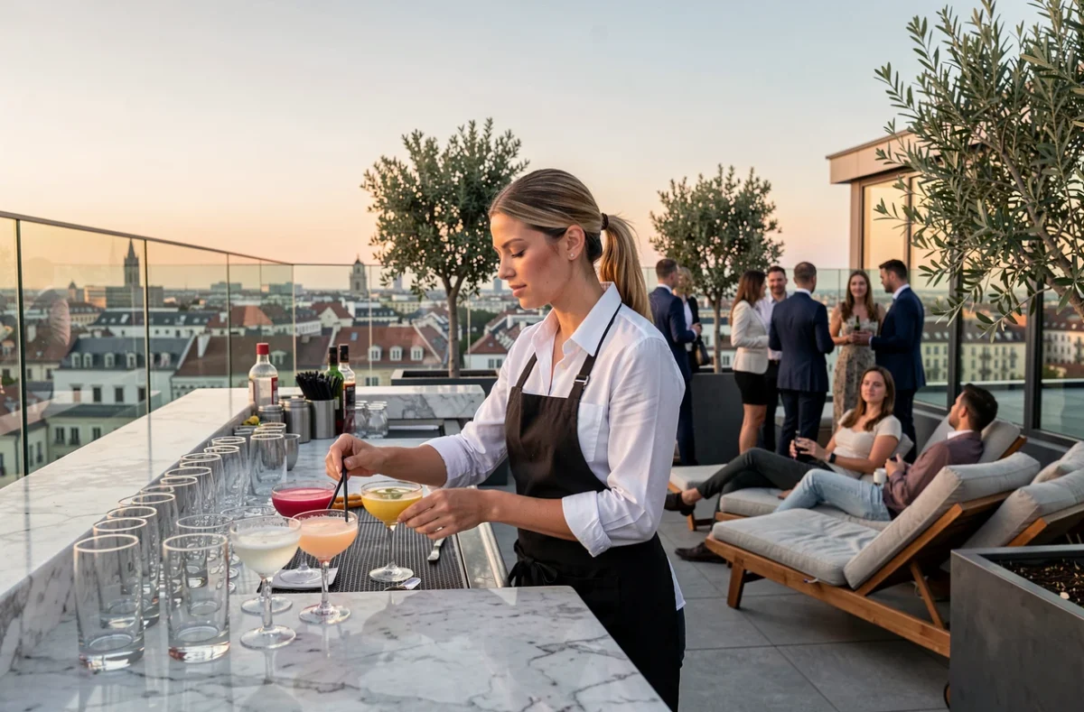 Barman sur un rooftop bar d'hôtel de luxe avec vue panoramique sur la ville au crépuscule