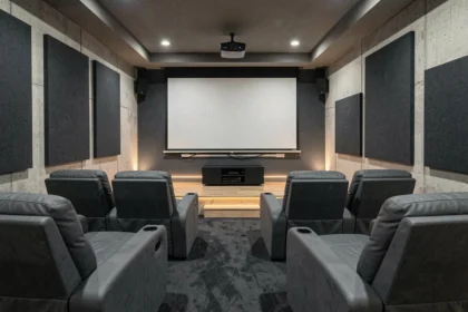 Salle de cinéma maison aménagée dans un sous-sol avec écran de projection, fauteuils réclinables et panneaux acoustiques