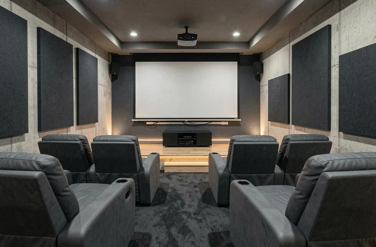 Salle de cinéma maison aménagée dans un sous-sol avec écran de projection, fauteuils réclinables et panneaux acoustiques