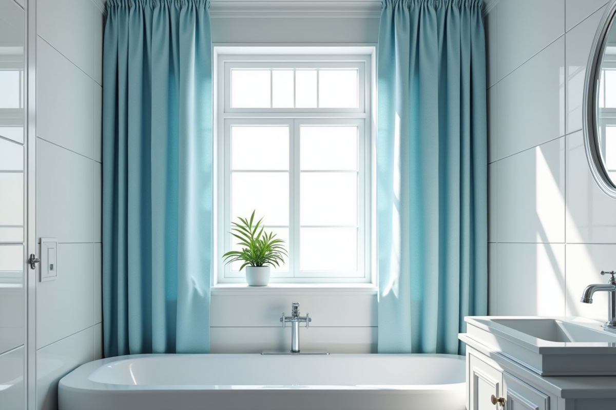 Salle de bain contemporaine avec rideaux bleus et plantes vertes