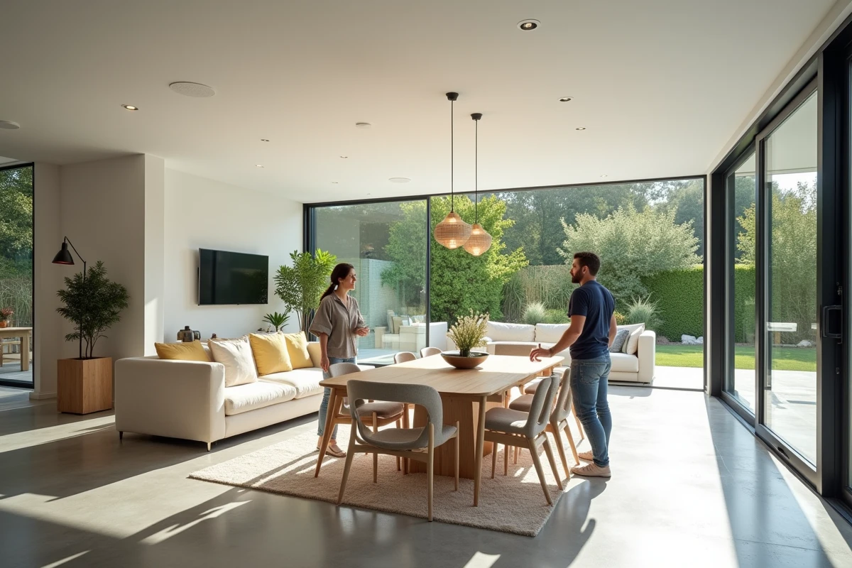 Séjour lumineux en angle dans une maison plan en L avec coin repas et vue jardin, couple aménageant leur intérieur moderne à quatre chambres