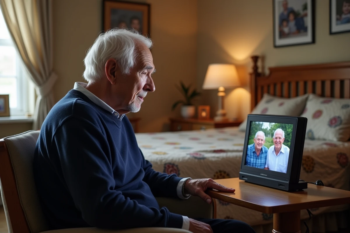 Homme âgé en maison de retraite regardant un diaporama de photos de famille sur un cadre photo connecté posé sur sa table de chevet