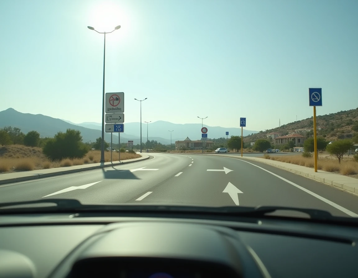 Vue depuis une voiture d'un carrefour avec panneau indicateur vers un magasin de meubles à Aubagne