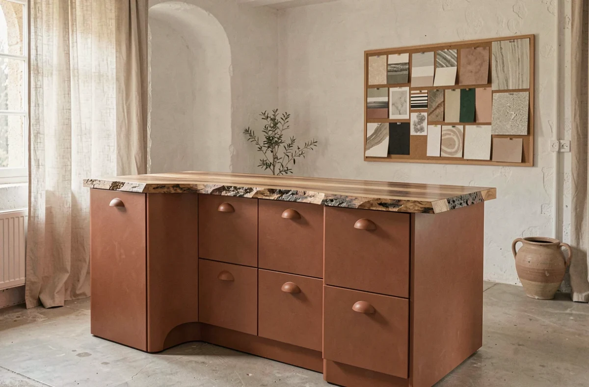 Cuisine design Sinibaldi Marseille avec façades laquées terracotta, plan de travail en pierre brute et poignées céramique artisanales