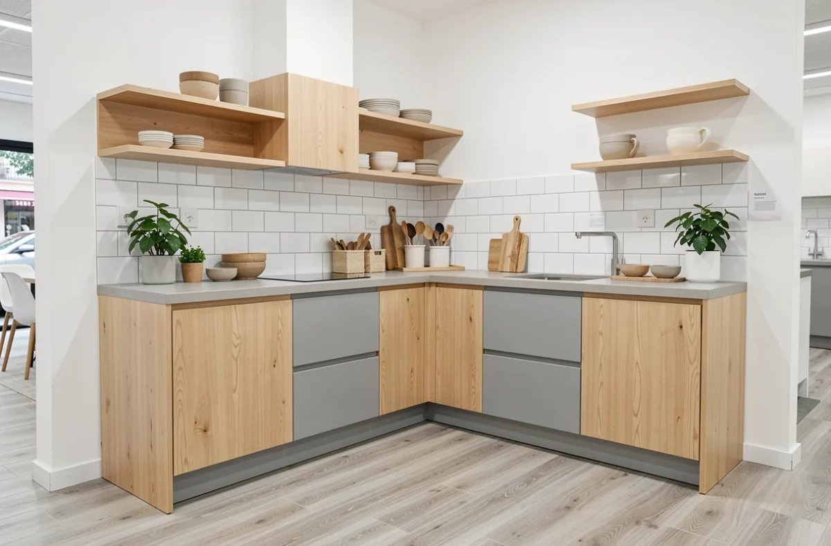 Cuisine SoCoo'c Marseille en chêne clair et gris doux avec étagères ouvertes et crédence carrelage minimaliste
