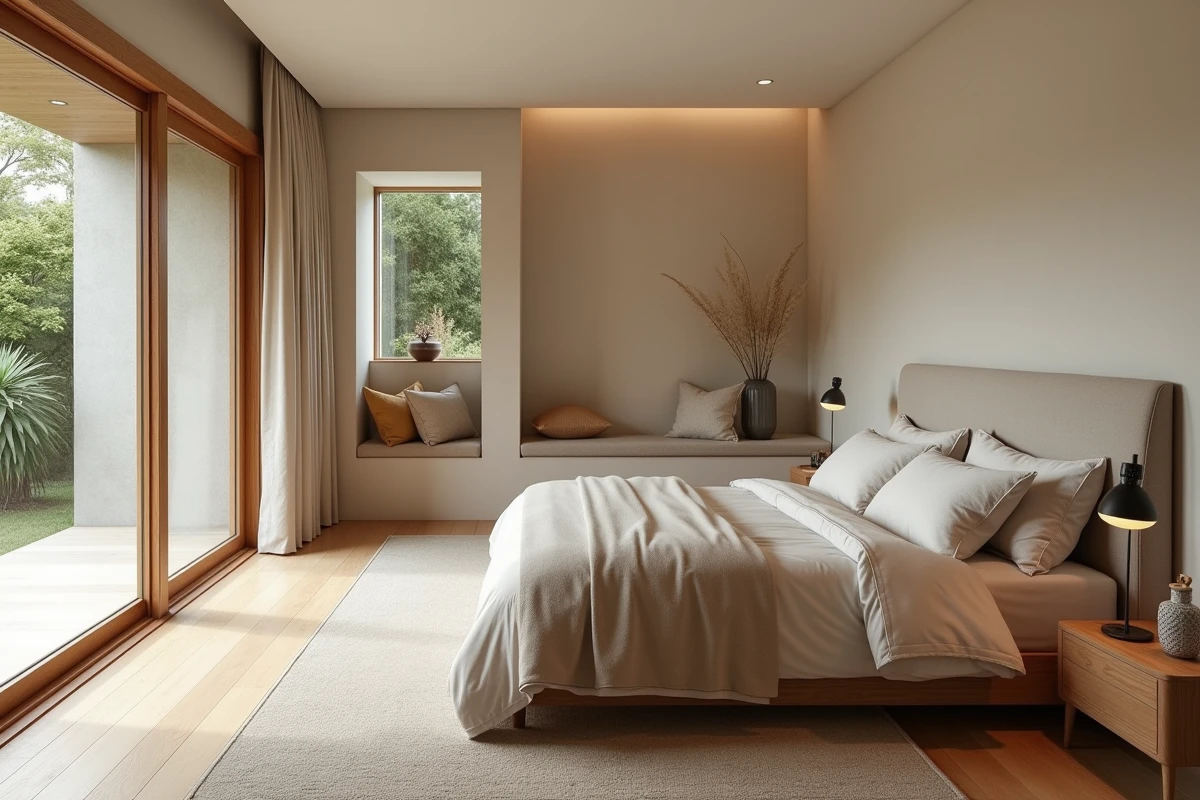 Suite parentale spacieuse dans une maison en L avec accès direct à la terrasse, parquet chêne et grande baie vitrée pour un ensoleillement optimal